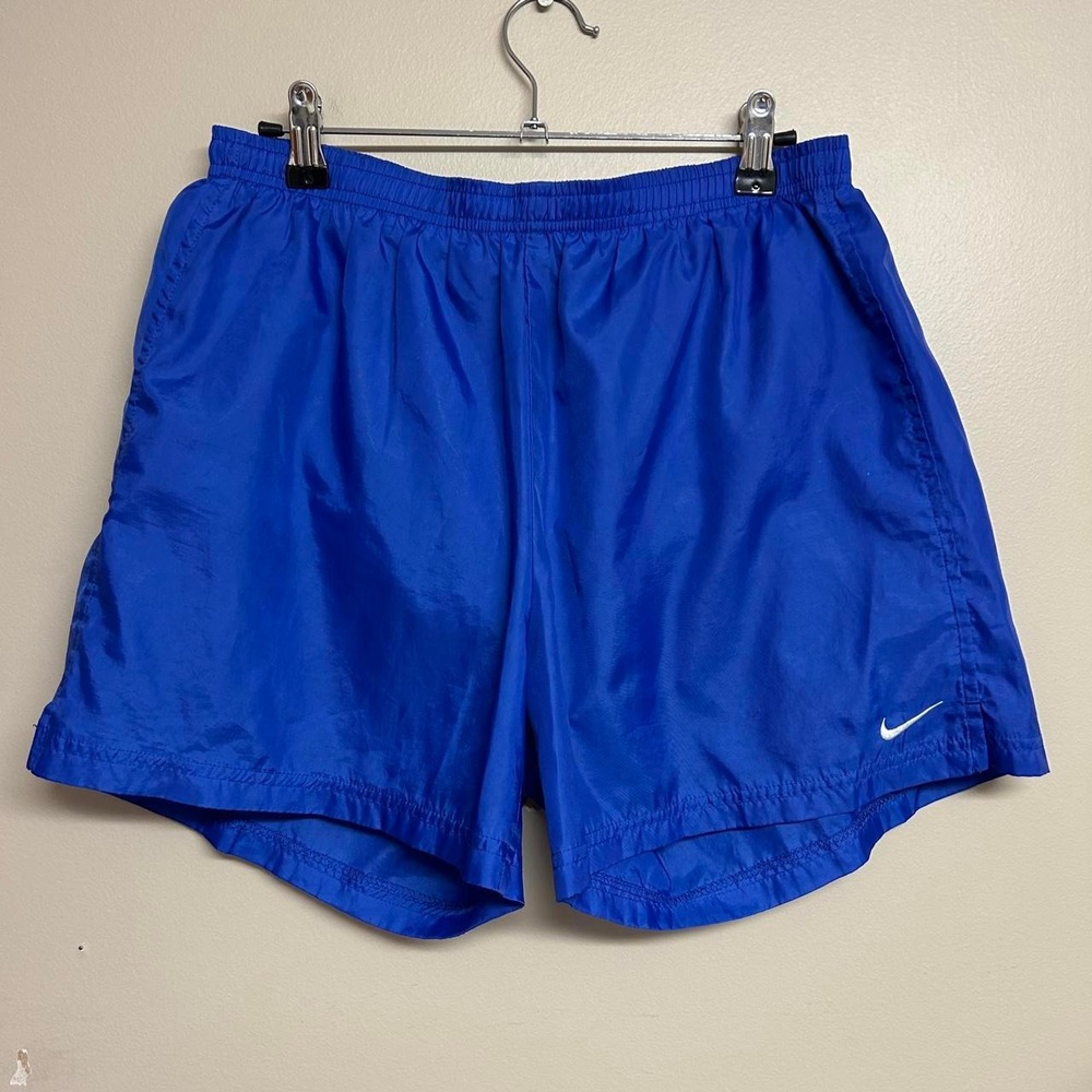 Vintage 90s Nike Swoosh Blue Baggy Nylon Athletic Shorts Mens Medium